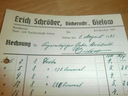 Bäckerei Erich Schröder in Gielow , 1941 , Bäckerei , Strubelt in Gielow in Mecklenburg , altes Dokument !!