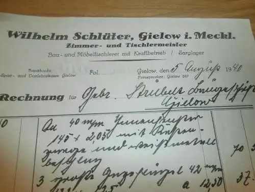 Wilhelm Schlüter in Gielow , 1940 , Tischlerei , Strubelt in Gielow in Mecklenburg , altes Dokument !!