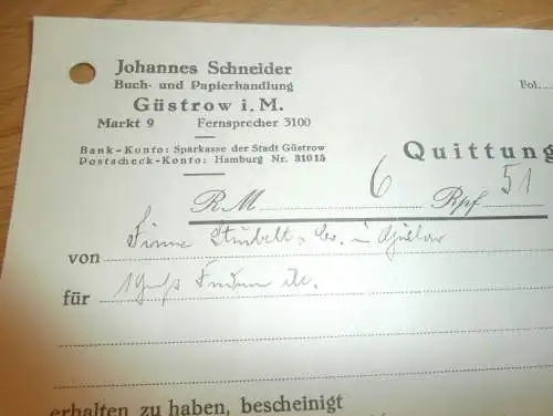 Johannes Schneider in Güstrow , 1940 , Buchhandel , Strubelt in Gielow in Mecklenburg , altes Dokument !!