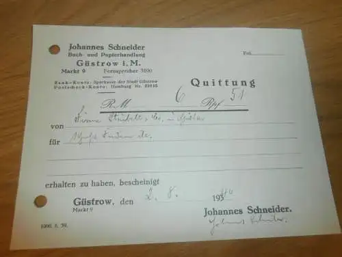 Johannes Schneider in Güstrow , 1940 , Buchhandel , Strubelt in Gielow in Mecklenburg , altes Dokument !!