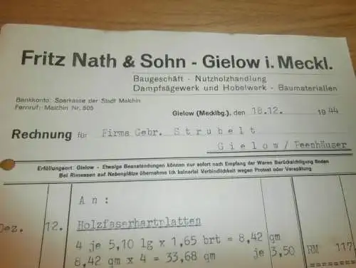 Fritz Nath & Sohn in Gielow , 1944 , Baugeschäft , Sägewerk , Strubelt in Gielow in Mecklenburg , altes Dokument !!