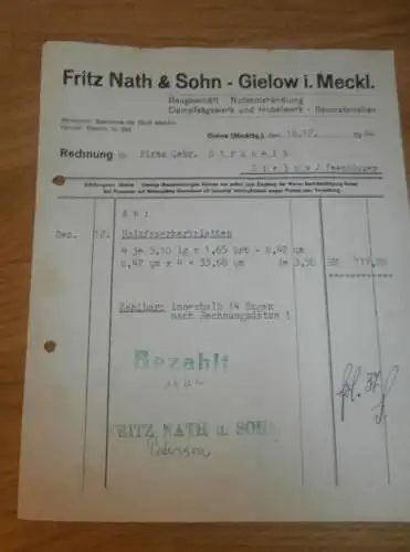 Fritz Nath & Sohn in Gielow , 1944 , Baugeschäft , Sägewerk , Strubelt in Gielow in Mecklenburg , altes Dokument !!