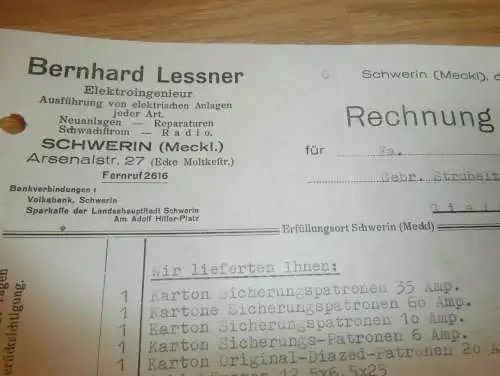 Bernhard Lessner in Schwerin , 1942 , Elektriker , Strubelt in Gielow in Mecklenburg , altes Dokument !!