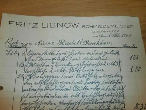 Schmiedemeister Fritz Libnow , 1944 , Schmiede , Strubelt in Gielow in Mecklenburg , altes Dokument !!