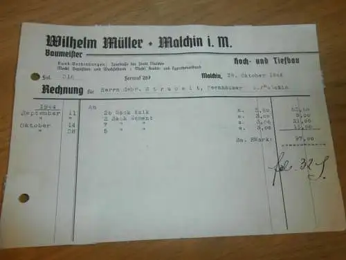 Wilhelm Müller in Malchin i.M. , 1944 , Hoch- Tiefbau , Strubelt in Gielow in Mecklenburg , altes Dokument !!