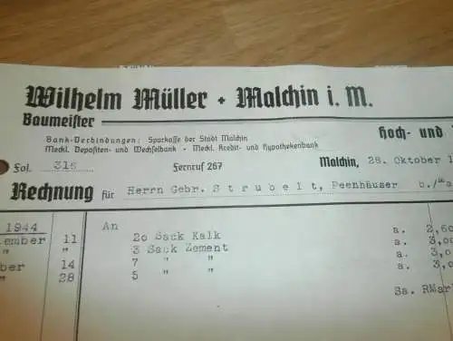 Wilhelm Müller in Malchin i.M. , 1944 , Hoch- Tiefbau , Strubelt in Gielow in Mecklenburg , altes Dokument !!