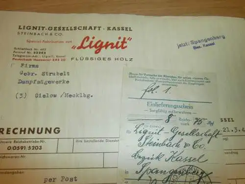 Lignit Gesellschaft Kassel / Spangenberg , 1944 , flüssiges Holz , Strubelt in Gielow in Mecklenburg , altes Dokument !!