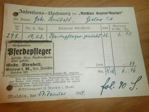 Malchiner Generalanzeiger , 1944 , Malchin , Zeitung , Verlag , Strubelt in Gielow in Mecklenburg , altes Dokument !!!