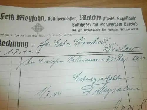 Böttchermeister Fritz Meysahn in Malchin , 1944 , Böttcherei , Strubelt in Gielow in Mecklenburg , altes Dokument !!!