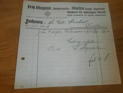 Böttchermeister Fritz Meysahn in Malchin , 1944 , Böttcherei , Strubelt in Gielow in Mecklenburg , altes Dokument !!!