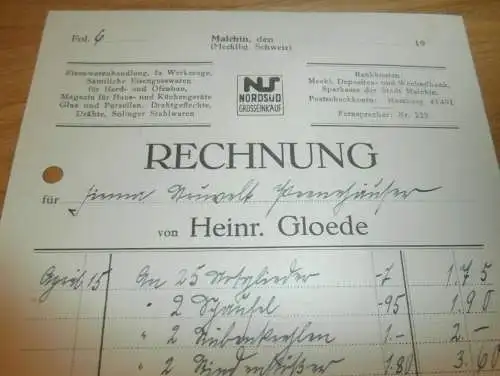 Heinrich Gloede in Malchin , 1941 , Eisenwaren , Strubelt in Gielow in Mecklenburg , altes Dokument !!!