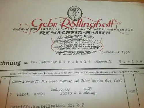 Gebrüder Röllinghoff in Remscheid-Hasten , 1934 , Werkzeuge , Gielow in Mecklenburg , altes Dokument !!!