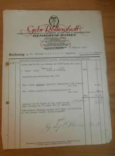 Gebrüder Röllinghoff in Remscheid-Hasten , 1934 , Werkzeuge , Gielow in Mecklenburg , altes Dokument !!!