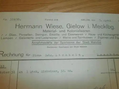 Hermann Wiese in Gielow , 1934 , Kolonialwaren , Malchin , Gielow in Mecklenburg , altes Dokument !!!