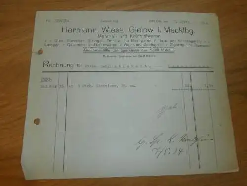 Hermann Wiese in Gielow , 1934 , Kolonialwaren , Malchin , Gielow in Mecklenburg , altes Dokument !!!