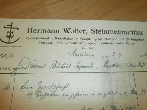 Steinmetz Hermann Wolter in Malchin , 1940 , Eisenkreuze , Denkmäler , Gielow in Mecklenburg , altes Dokument !!!