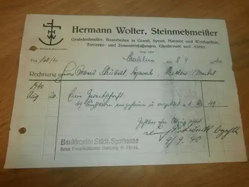 Steinmetz Hermann Wolter in Malchin , 1940 , Eisenkreuze , Denkmäler , Gielow in Mecklenburg , altes Dokument !!!