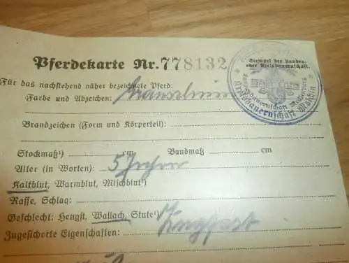 Blut und Boden - Pferdekarte - Reichsnährstand Malchin , 1944 , Pferde , Gielow in Mecklenburg , altes Dokument !!!