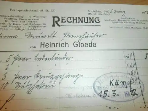 Heinrich Gloede in Malchin , 1943 , Eisenwaren ,  Gielow in Mecklenburg , altes Dokument !!!