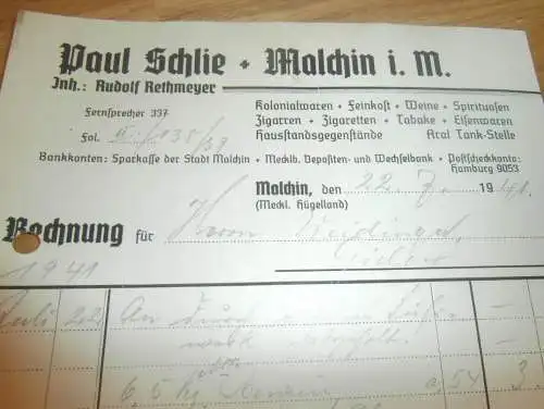 Paul Schlie in Malchin i. Meckl. , 1941 , Kolonialwaren , Weidinger in Gielow in Mecklenburg , altes Dokument !!!