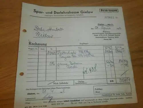 Spar- und Darlehnskasse in Gielow , 1942 , Futtermittel , Strubelt in Gielow in Mecklenburg , altes Dokument !!!