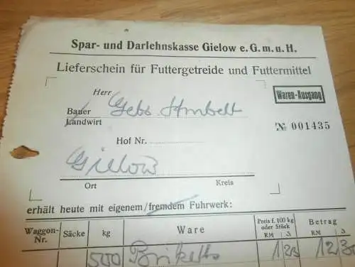 Spar- und Darlehnskasse in Gielow , 1940, Futtermittel , Strubelt in Gielow in Mecklenburg , altes Dokument !!!