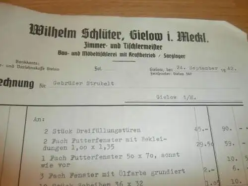 Wilhelm Schlüter in Gielow , 1942 , Tischlerei , Zimmermann , Strubelt in Gielow in Mecklenburg , altes Dokument !!!