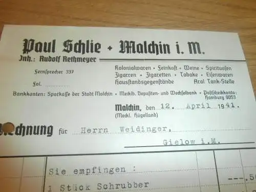 Paul Schlie in Malchin , 1941 , Rethmeyer , Kolonialwaren ,  Weidinger in Gielow in Mecklenburg , altes Dokument !!!