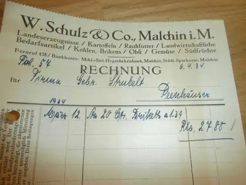 W. Schulz & Co in Malchin , 1934, Landwirtschaft , Kohle Sägewerk Strubelt in Gielow in Mecklenburg , altes Dokument !!!