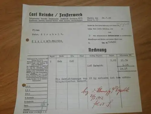 Fensterwerk Carl Reinke in Malchin , 1942 , Fensterbau , Sägewerk Strubelt in Gielow in Mecklenburg , altes Dokument !!!