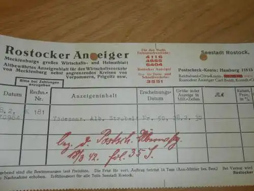 Rostocker Anzeiger , 1942 , Rostock , Sägewerk Strubelt in Gielow in Mecklenburg , altes Dokument !!!