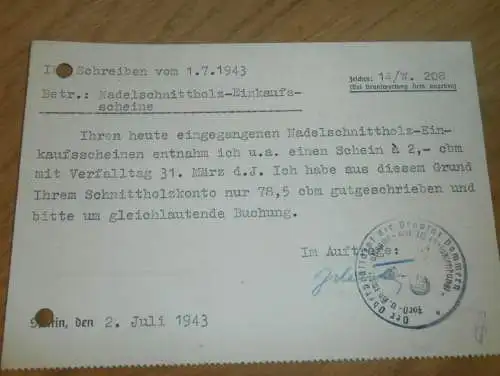 Reichsstelle für Holz - Stettin , 1943 , Pommern , Sägewerk Strubelt in Gielow in Mecklenburg , altes Dokument !!!