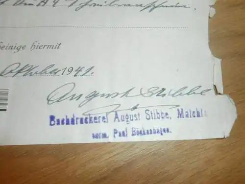 Buchdruckerei August Stibbe in Malchin , 1941 , Strubelt in Gielow in Mecklenburg , altes Dokument !!!