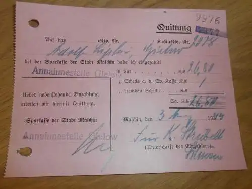 Sparkasse Malchin , 1944 , Annahmestelle ,  Strubelt in Gielow in Mecklenburg , altes Dokument !!!