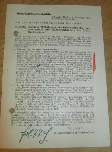 Niederdeutscher Beobachter , 1943 , an mecklenburgische Betriebe  Strubelt in Gielow in Mecklenburg , altes Dokument !!!