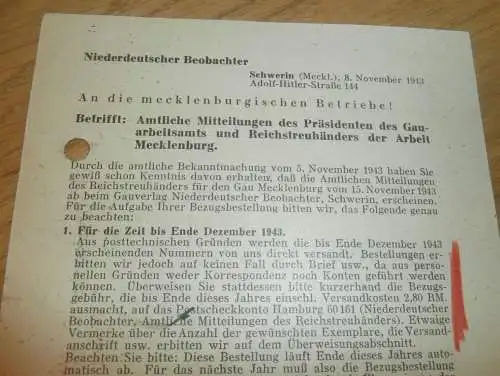 Niederdeutscher Beobachter , 1943 , an mecklenburgische Betriebe  Strubelt in Gielow in Mecklenburg , altes Dokument !!!