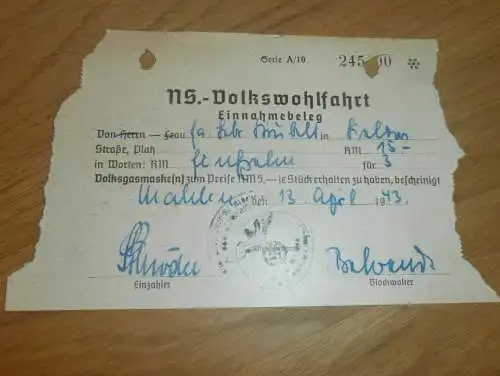 NS-Volkswohlfahrt , Kauf einer Gasmaske , 1943 , Malchin , Volksgasmaske , Strubelt in Mecklenburg , altes Dokument !!!