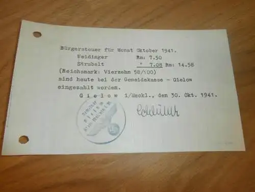 Gemeinde in Gielow , 1941 , Bürgersteuer , Weidinger , Strubelt in Mecklenburg , altes Dokument !!!