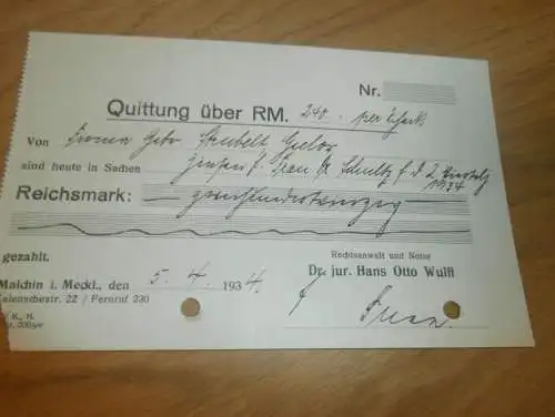 Dr. jur. Hans Otto Wulff in Malchin , 1934 , Strubelt in Gielow in Mecklenburg , altes Dokument !!!