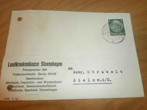 Krankenkasse Stavenhagen , 1937, Strubelt in Gielow in Mecklenburg , altes Dokument !!!