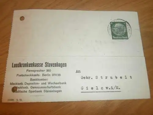 Krankenkasse Stavenhagen , 1937, Strubelt in Gielow in Mecklenburg , altes Dokument !!!