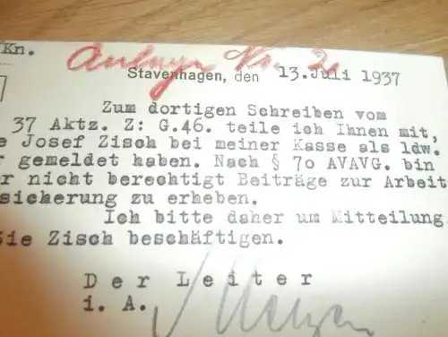 Krankenkasse Stavenhagen , 1937, Strubelt in Gielow in Mecklenburg , altes Dokument !!!