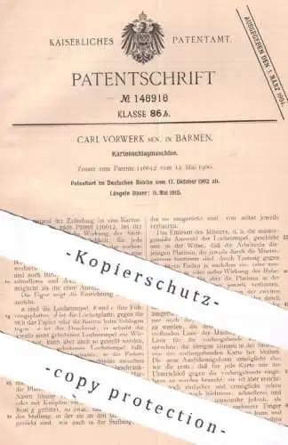 original Patent - Carl Vorwerk , Barmen | 1902 | Kartenschlagmaschine | Karte , Karten | Muster , Lochkarten