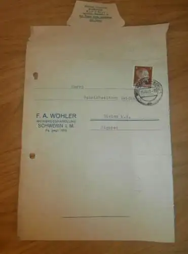 F.A. Wöhler - Weingrosshandlung in Schwerin , 1941 , Fabrik Weidinger in Gielow in Mecklenburg , altes Dokument !!!
