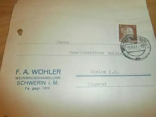 F.A. Wöhler - Weingrosshandlung in Schwerin , 1941 , Fabrik Weidinger in Gielow in Mecklenburg , altes Dokument !!!