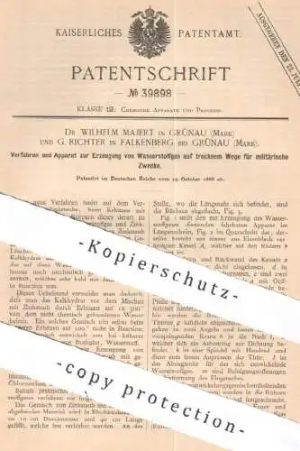 original Patent - Dr. Wilhelm Majert , Grünau / Mark | G. Richter , Falkenberg | 1886 | Wasserstoffgas für Militär | Gas