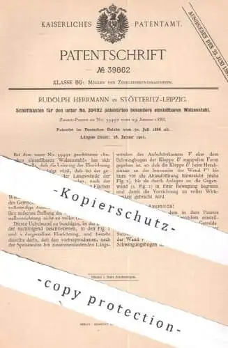 original Patent - Rudolph Herrmann , Leipzig / Stötteritz | 1886 | Schüttkasten für Walzenstuhl | Walze , Mühle , Mühlen