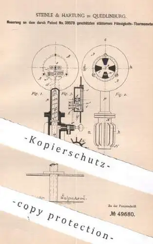 original Patent - Steinle & Hartung , Quedlinburg 1889 , stählernes Flüssigkeits-Thermometer | Thermometer | Dampfkessel