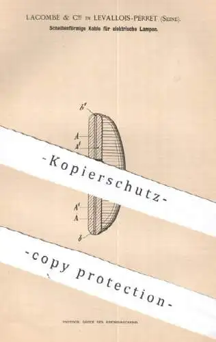 original Patent - Lacombe & Cie , Levallois Perret / Seine / Frankreich , 1889 , Kohle für elektr. Lampe | Bogenlampe