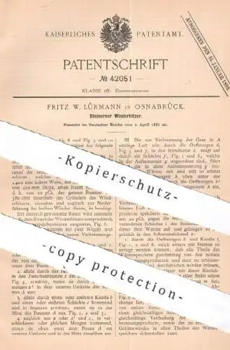 original Patent - Fritz W. Lürmann , Osnabrück , 1887 , Steinerner Winderhitzer | Eisen , Verbrenner , Gas , Gebläse